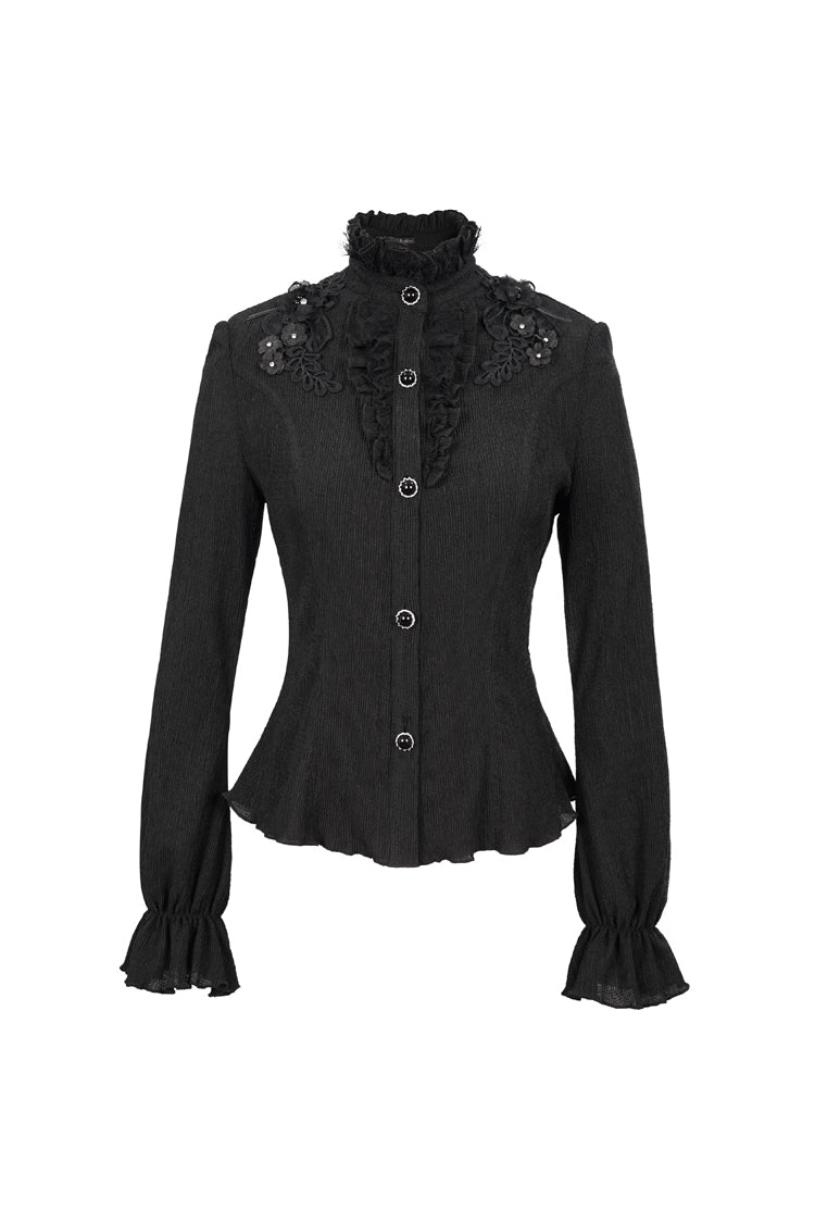Black Lace High Neck Three Dimensional Embroidered Lantern Trumpet Sleeves Women's Gothic Shirt