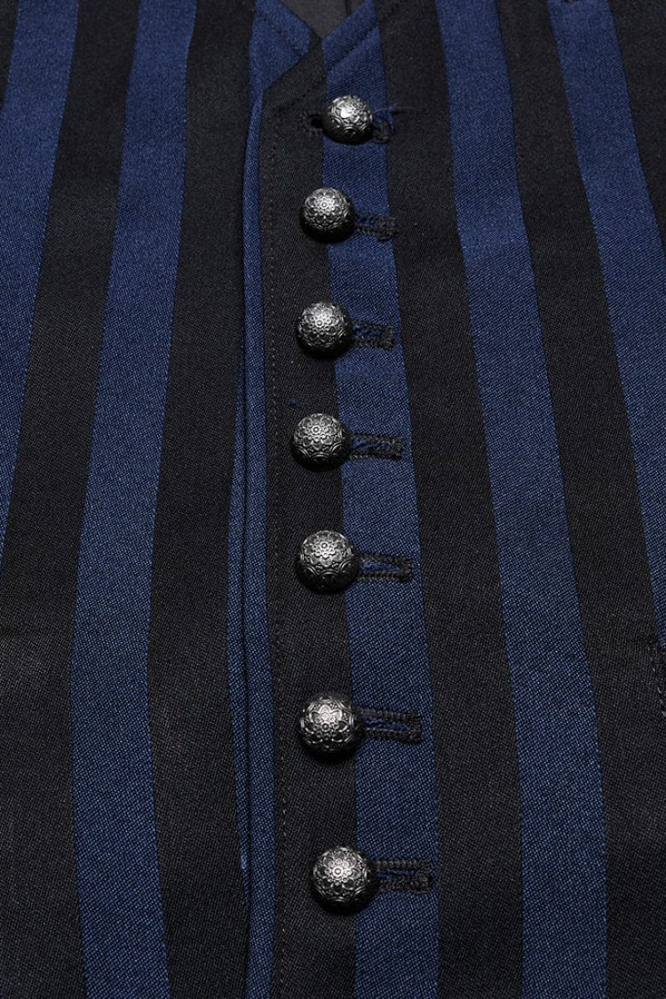 Black/Blue V Collar Sleeveless Striped Print Buckle Men's Punk Vest