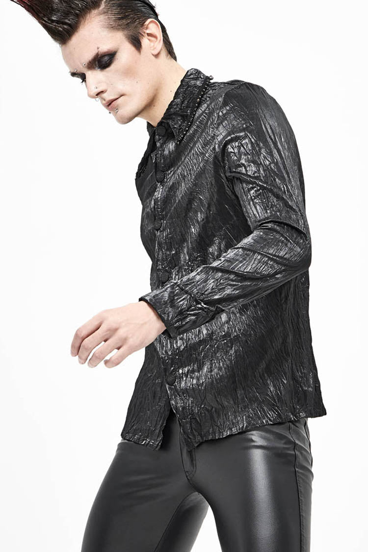 Black Twill Fold Collar Sharp Corner Cuff Light Metal Ring Webbing Men's Punk Shirt