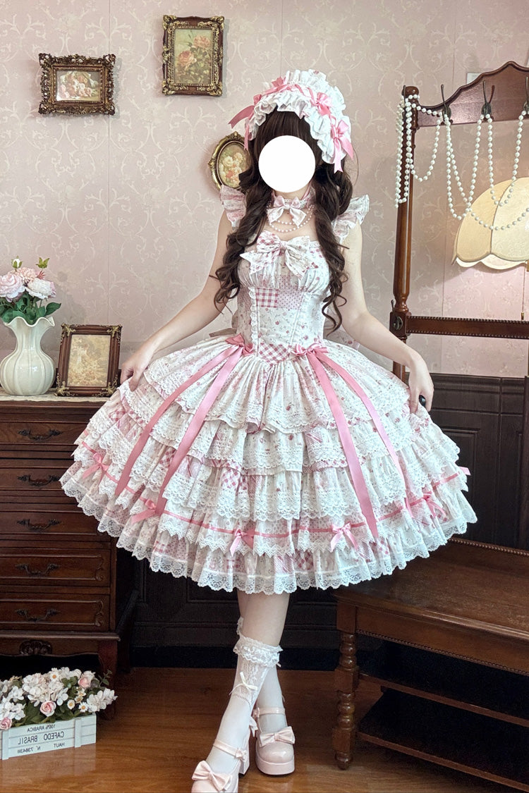 Rosa [Flower’s Tale] Süßes Lolita-Kleid mit quadratischem Kragen, flatternden Ärmeln, mehrlagigem, bedrucktem, schmaler Passform, Schleife und Spitze