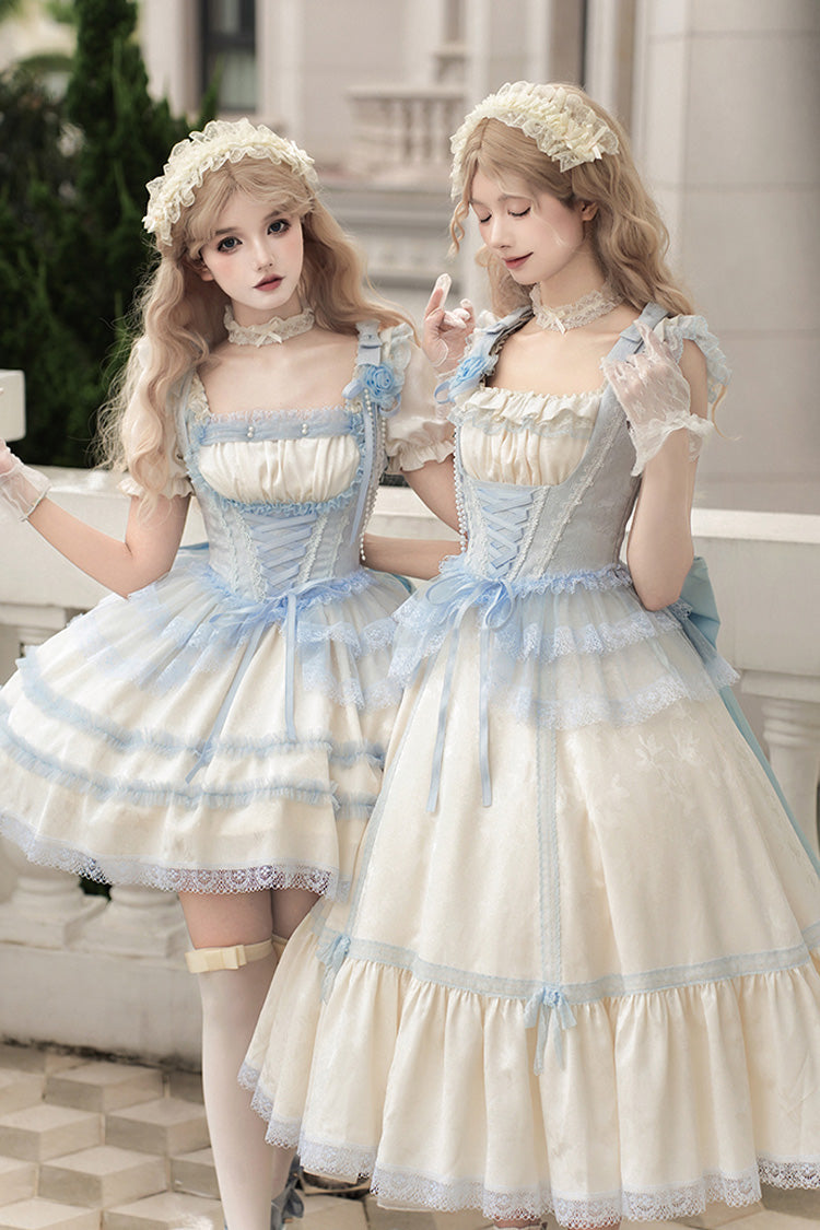 Ivory [Sea Salt Iced Tea] Square Collar Short Sleeves Ruffle Fishbone Sweet Lolita Short Dress
