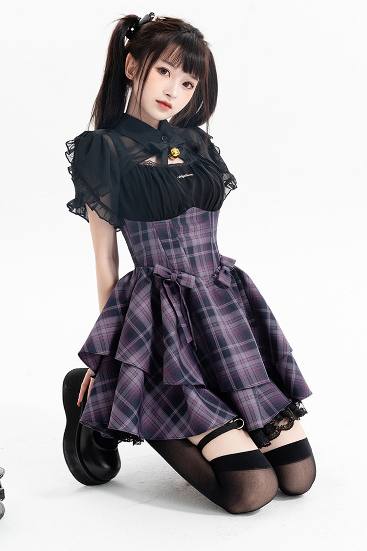 Purple [Magic Cat] Double-Layered Stripe Print Bowknot Sweet Lolita Jumper Dress