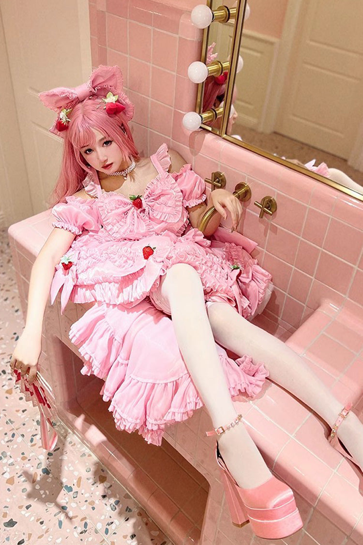 Pink Strawberry Magic Girl Party Theme Cute Sweet Princess Lolita Strapless Dress