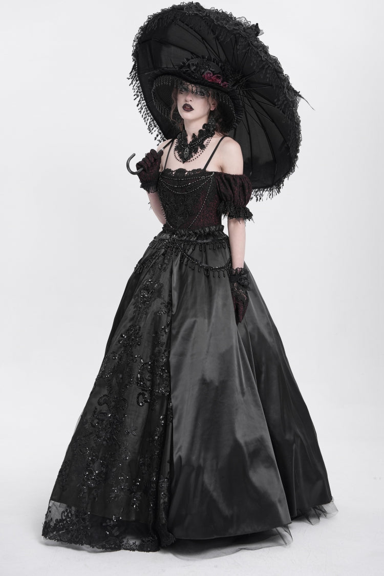 Robe gothique pour femme en dentelle avec cardigan jacquard à manches courtes et épaules dénudées noire 