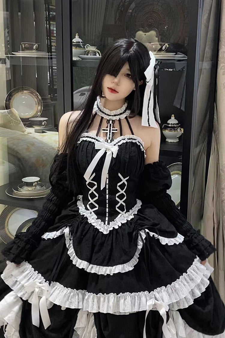 ブラック クロス ホルターネック フリル 蝶結び レース 編み上げ プリンセス ゴシック ロリータ ドレス