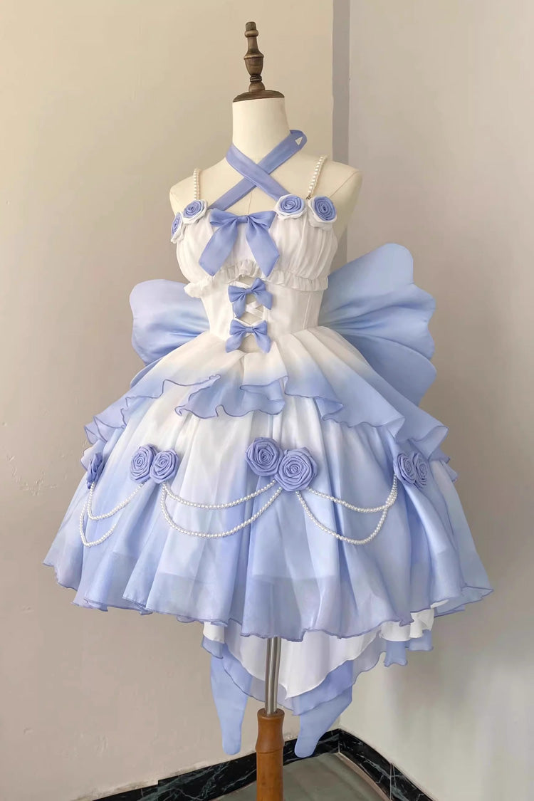 Gradient Blue Hanayome Hollow Bowknot Sweet Princess Lolita Dress ...