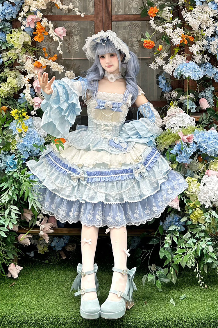 Blue [Falling Sakura] Multi-Layered Ruffled Hanayome Bow Lace Sweet Plus Size Princess Lolita Jsk Dress