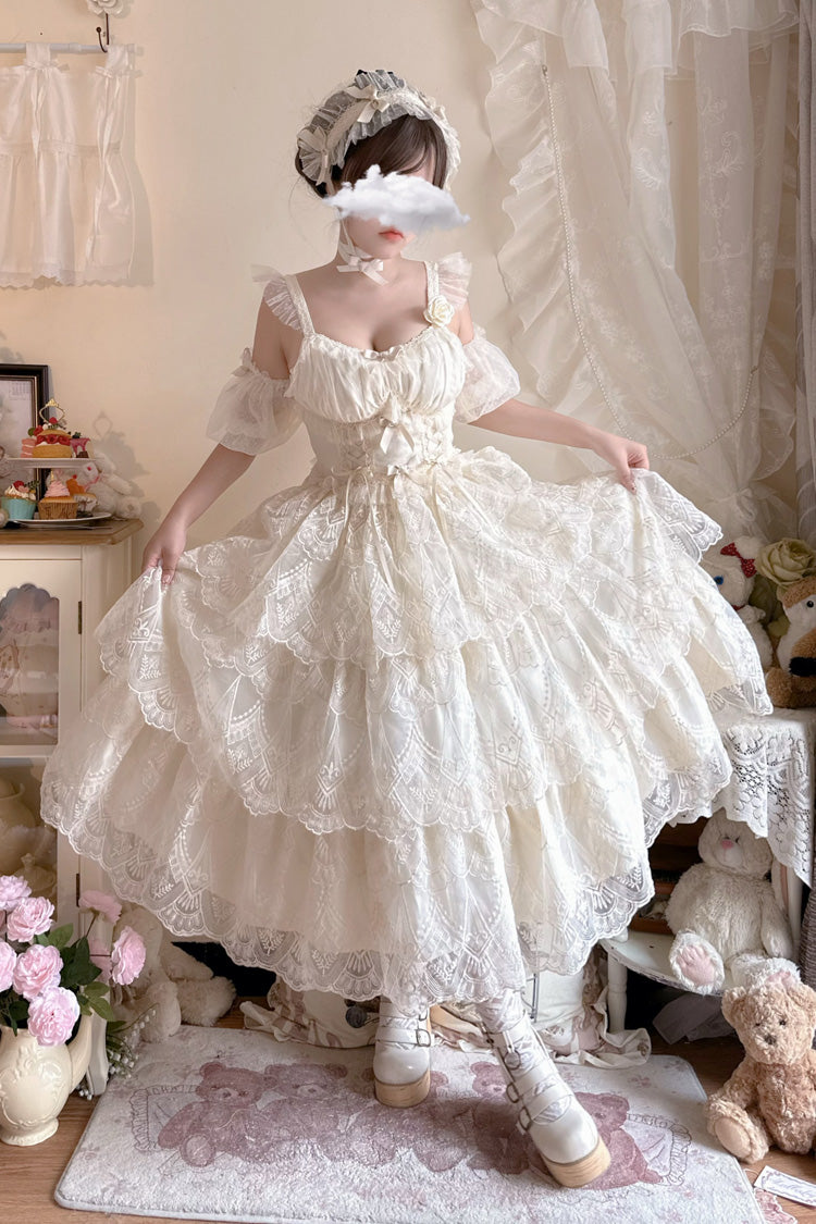 Ivory [Tidal] Triple-Layered Ruffle Bowknot Sweet Lolita Skirt 2 Versions