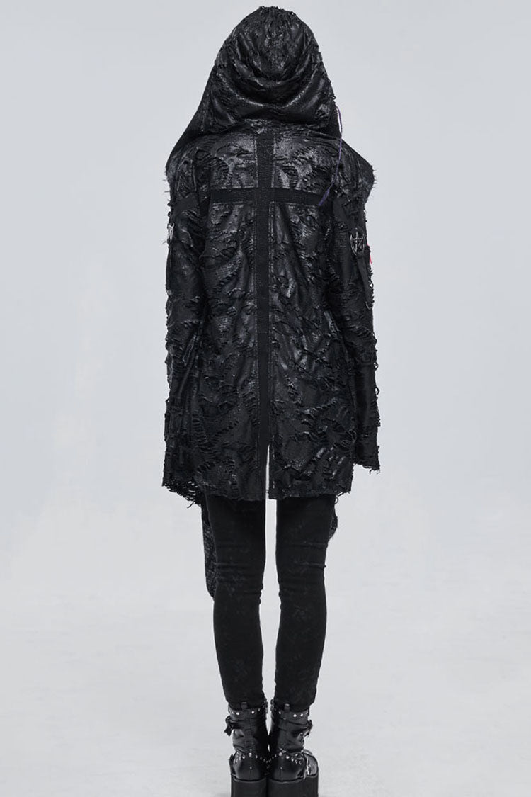 Black Punk Diablo Hole Design Cross Shape Stitching Transparent Mesh Metal Decoration Knitted Women's Coat