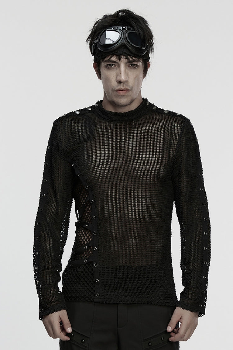 Black Long Sleeves Mesh Eyelet Men's Punk T-Shirt