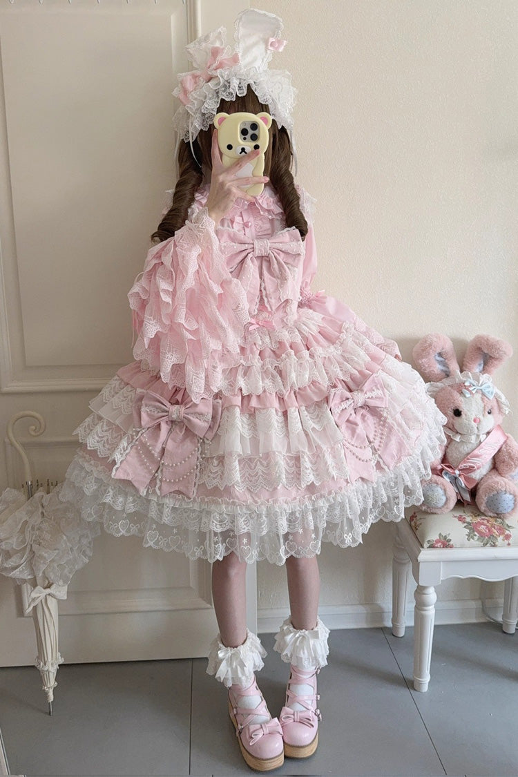 Pink [Knot of the Crossed Heart] Sleeveless Multi-Layered Ruffle Hanayome Cardigan Bowknot Lace Lace-Up Sweet Lolita Jsk Dress