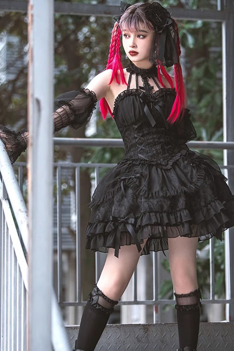 Dark Black Tube Top Sleeveless Blowknot Ruffled Gothic Lolita Tiered Dress