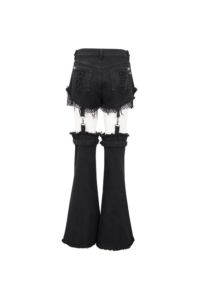 Black Segmented Splicing Old Fashioned Holes Flared Women's Punk Trouser