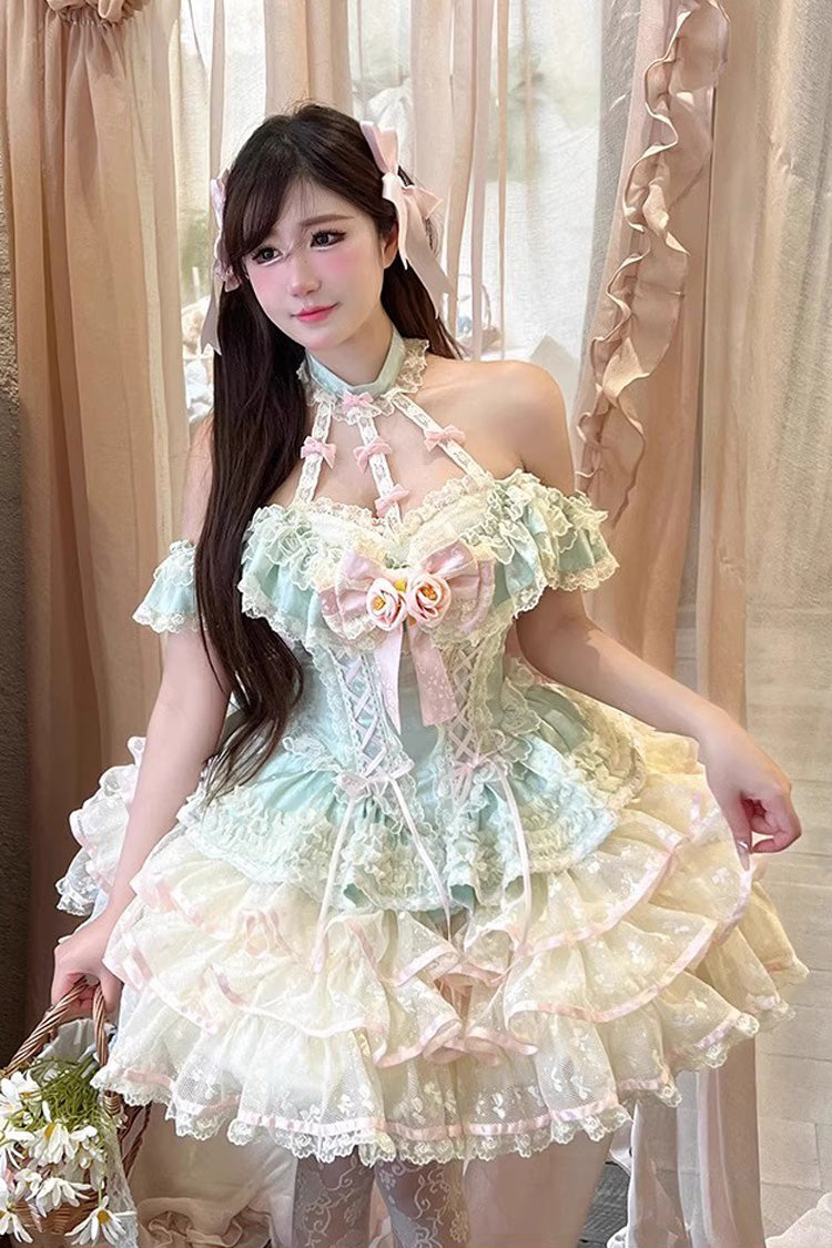 Green [Flower Language of Eros] Halterneck Multi-Layered Ruffle Bowknot Rose Lace Lace-Up Sweet Ballet Lolita Jsk Dress