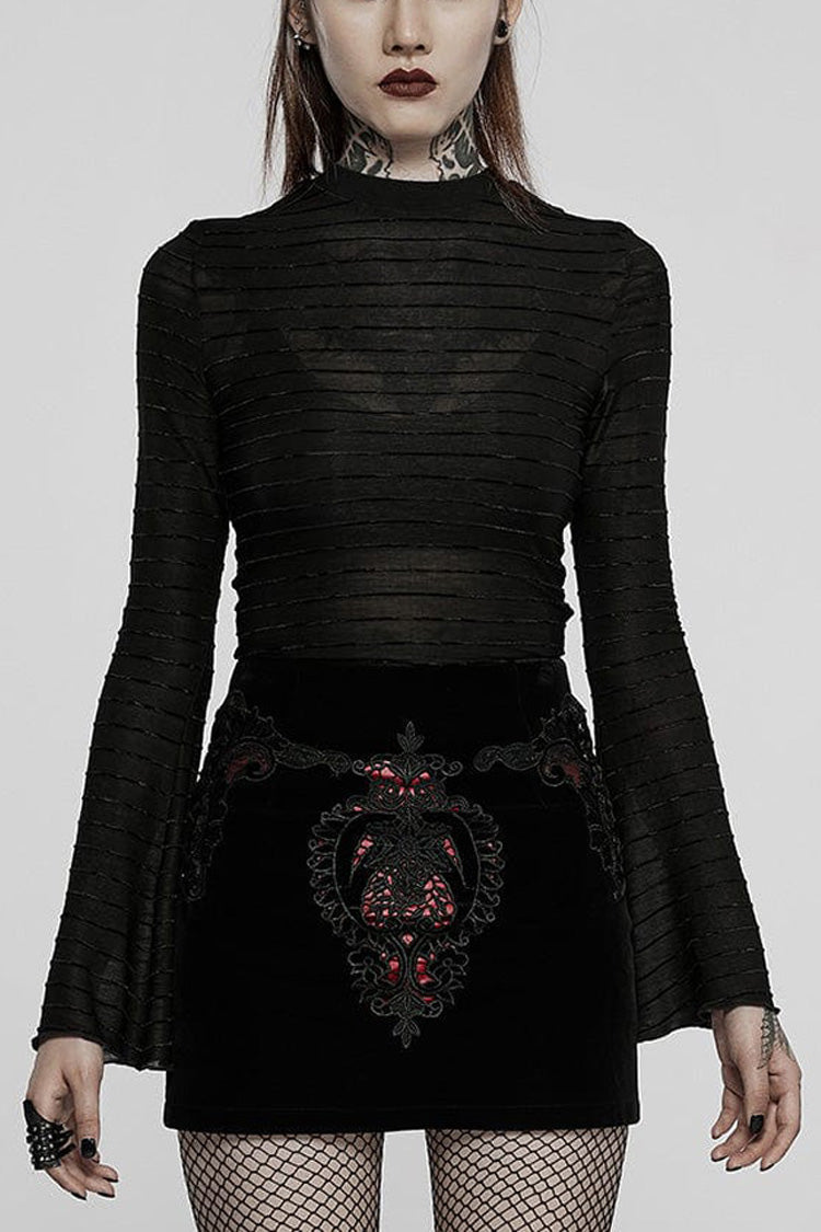 Black Gothic Velvet Striped Light Flared Sleeve Asymmetric Hem Sexy Long Sleeve Women's T-Shirt