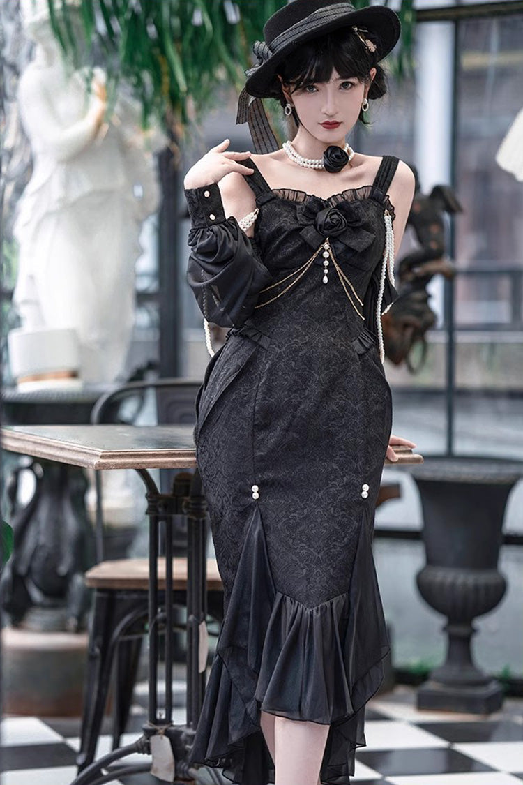 Black [Camellia 1.0] Sleeveless Jacquard Ruffle Lace Gothic Chinese Style Lolita Jsk Fishtail Dress