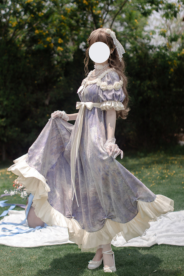 Robe Lolita Princesse Douce à Manches Courtes Imprimée avec Volants et Nœud Papillon [Poème de Peinture à l'Huile Soleil et Lune] Violette 