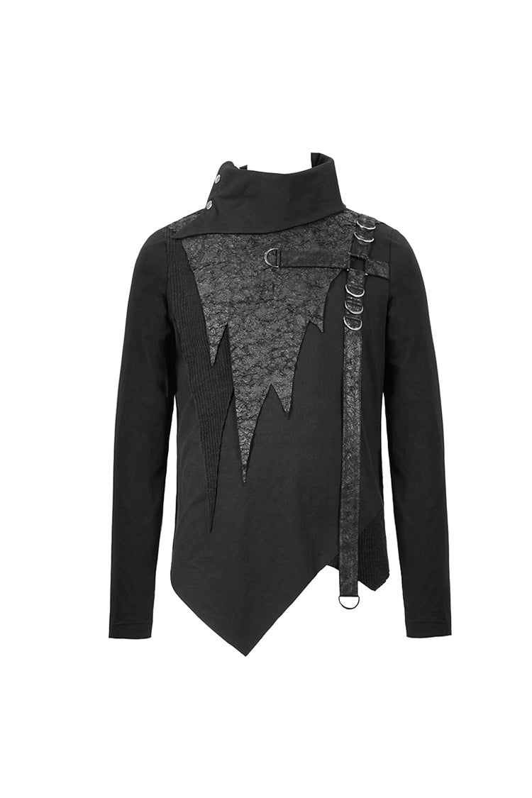 Black Worn Out Cross Shaped Hasp High Collar Asymmetric Hem Men's Punk T-Shirt