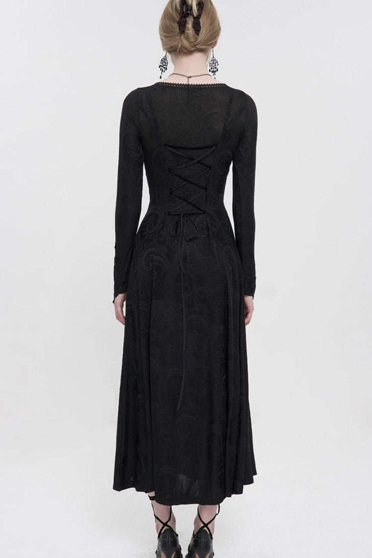 Black Long Sleeve Long Knitting Symmetrical Applique And String at The Chest Women's Gothic Dress