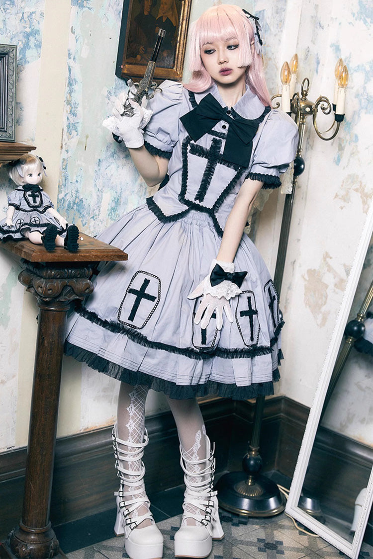 Grey Halloween Cross Short Puff Sleeves Two Pieces Gothic Lolita Dress