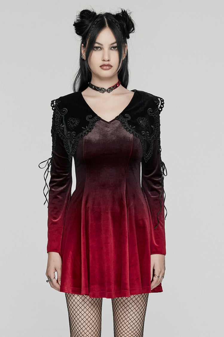Black/Red Doll Collar Long Sleeves Gradient Embroidery Women's Gothic Prom Dress