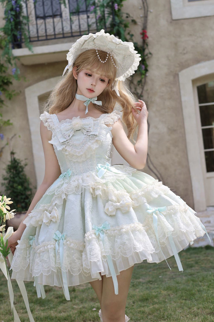 Green [Blossoming Heart Love ] Sleeveless Dark Jacquard Print Bowknot Lace Sweet Lolita Jsk Dress