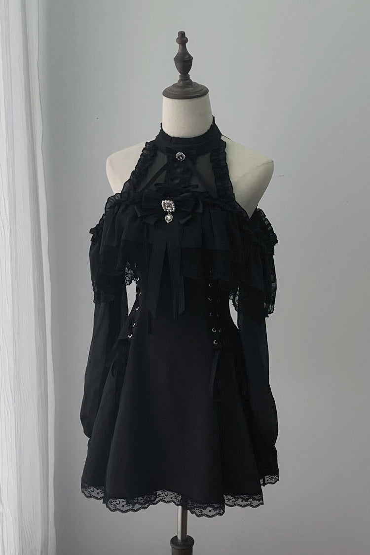 Black Off Shoulder Halterneck Long Sleeves Ruffled Bow Lace-Up Gothic Japanese Jirai Kei Dress