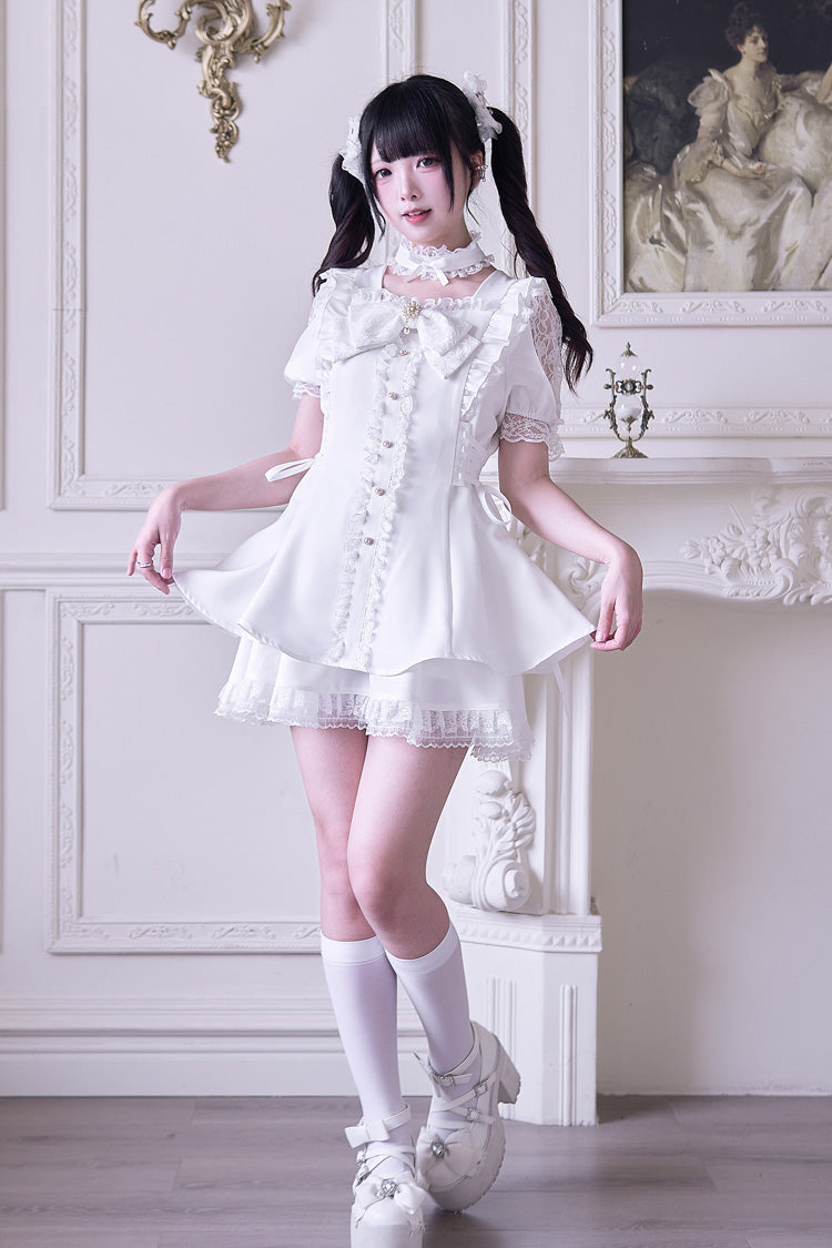 White [Waltz] Short Sleeves Ruffle Bowknot Gothic Jirai Kei Japanese Dress Set