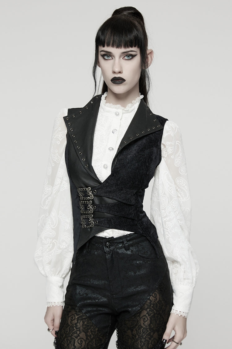 Black V Collar Sleeveless Lace-Up Buckled Eyelet Women's Gothic Vest