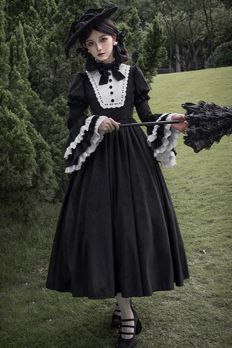 Schwarzes [Schlaflose Nacht] Gothic Lolita Kleid mit langen Hime-Ärmeln und Rüschen