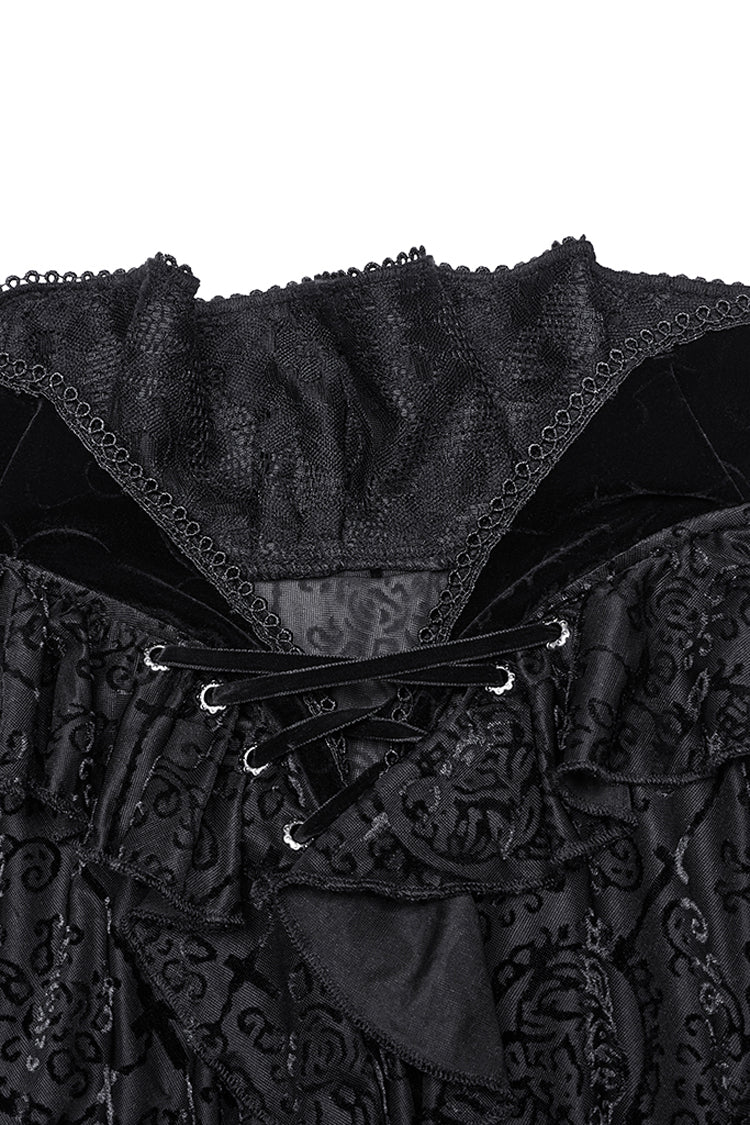 Black Stand Collar Long Sleeves Print Ruffle Men's Gothic Blouse