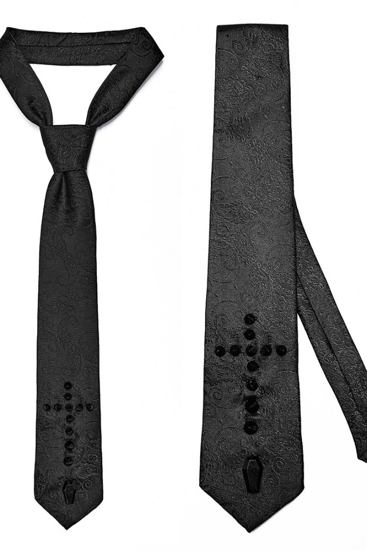 Black Cross Spike Print Embroidery Men's Gothic Tie