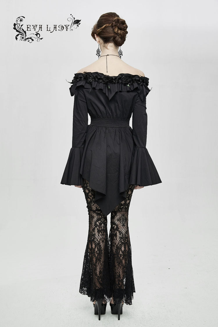 Schwarze Rosenblüten-Dekoration, Ein-Wort-Kragen, lange Ärmel, ausgestellte Manschette, Gothic-Bluse für Damen