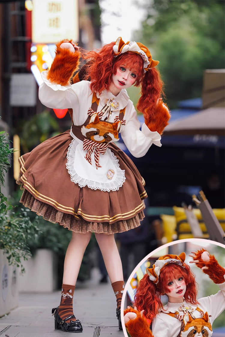 Brown Raccoon Ruffle Bowknot Sweet Lolita Strap Dress