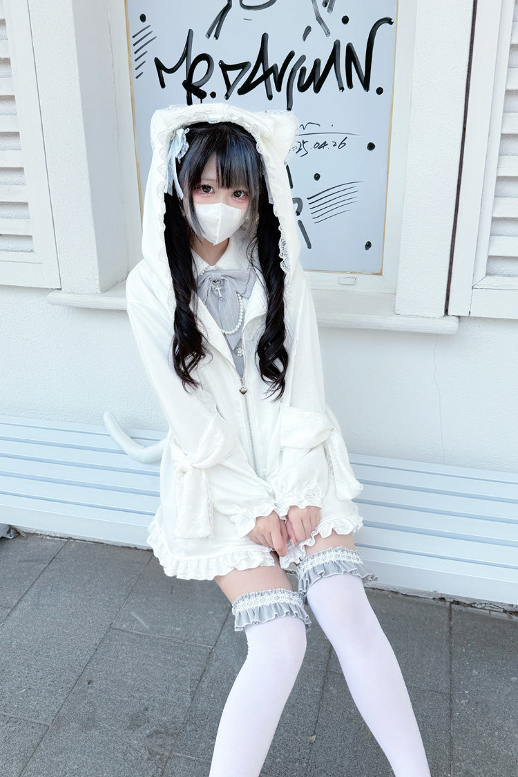 White Long Sleeves Cat Ears and Tail  Ruffle Bowknot Hooded Gothic Jirai Kei Coat