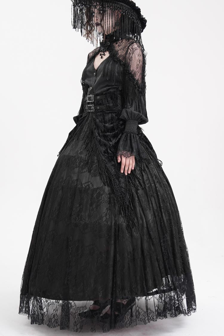 ブラックプリント刺繍タッセルバックルアップレースアップレディースゴシックロングスカート