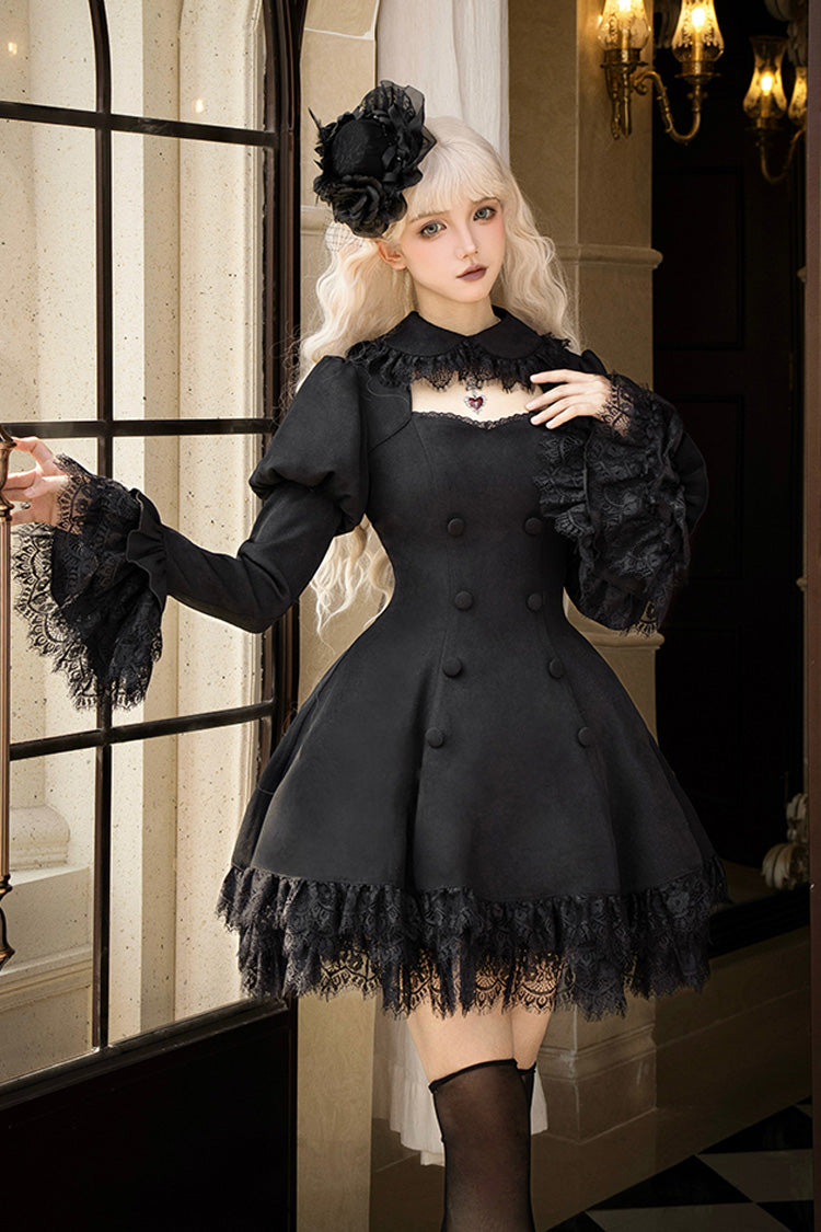 Schwarzes [Mitternachtsflüstern] Doppelt geknöpftes Kurzarm Hohles Gothic Lolita Kleid 