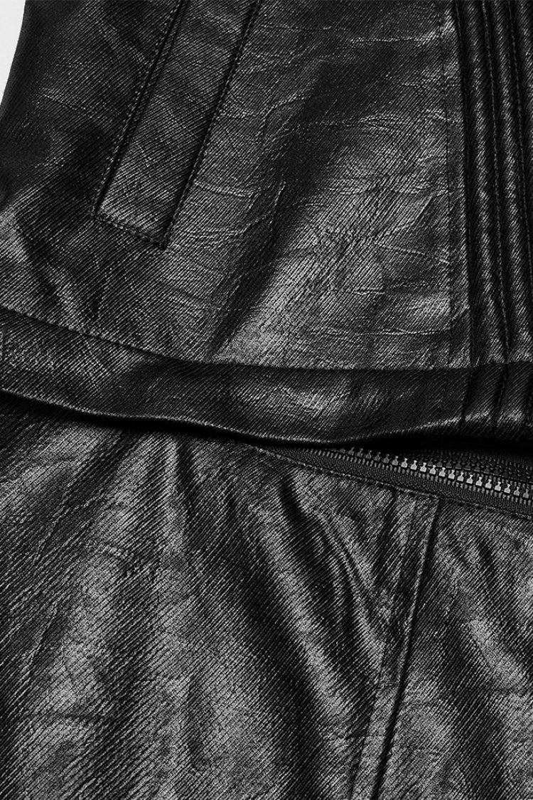 Manteau punk pour homme avec manches longues noires, fronces, coutures en faux cuir, capuche amovible 