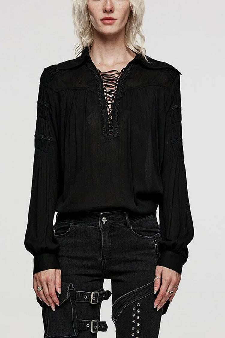 Damen Umlegekragen Lange Ärmel Spitze Geraffte Gothic Bluse 2 Farben