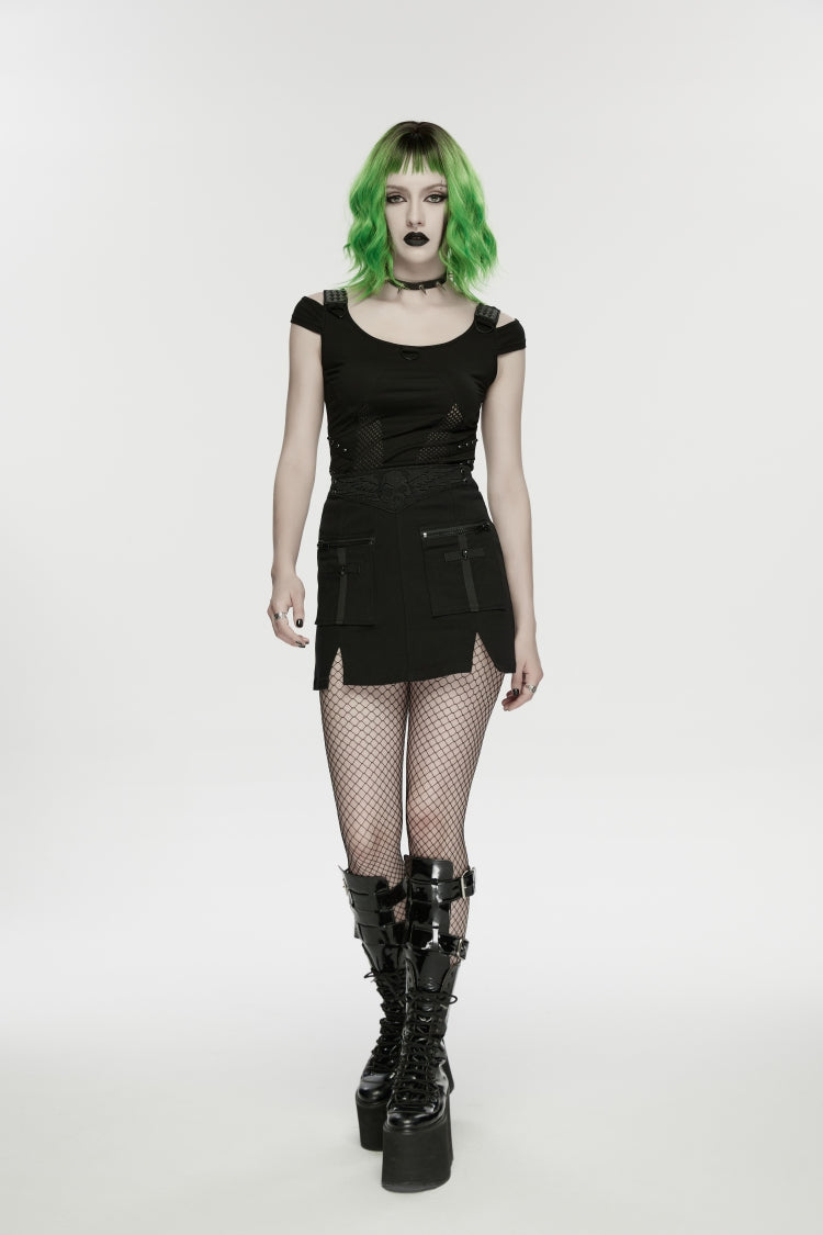 Schwarzer bestickter Punk-Totenkopf-gestickter Damenrock mit Reißverschluss und coolem Rock mit großen Taschen