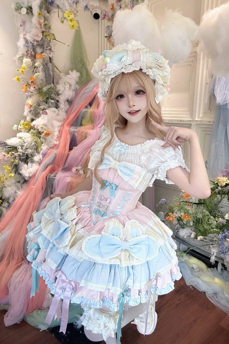 Multi-Color [Ribbon Dance] Multi-Layered Ruffle Bowknot Lace-Up Sweet Princess Lolita Dress