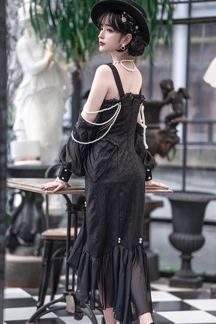 Black [Camellia 1.0] Sleeveless Jacquard Ruffle Lace Gothic Chinese Style Lolita Jsk Fishtail Dress