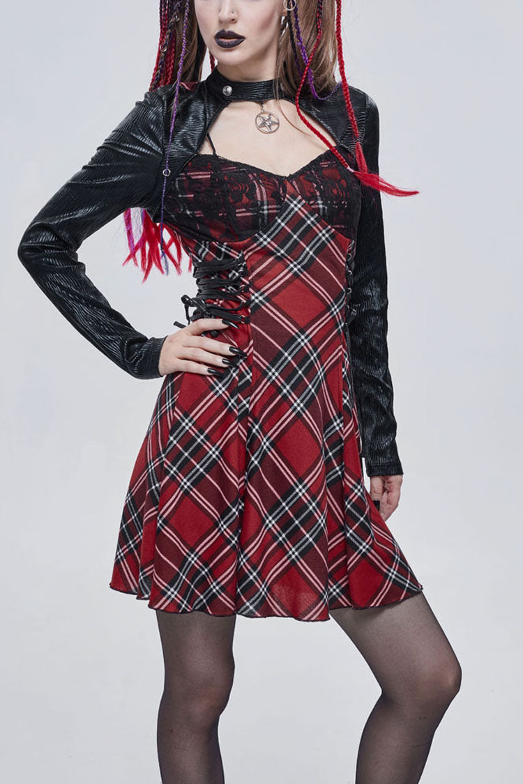 Red Punk Scottish Plaid Knitted FabricWaist Side Strap Design Metal Pentagram Decoration Women's Dress