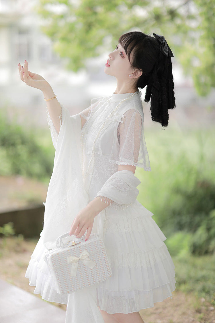 White Stand Collar Ruffle Chinese Qi Shawl Sweet Lolita Dress