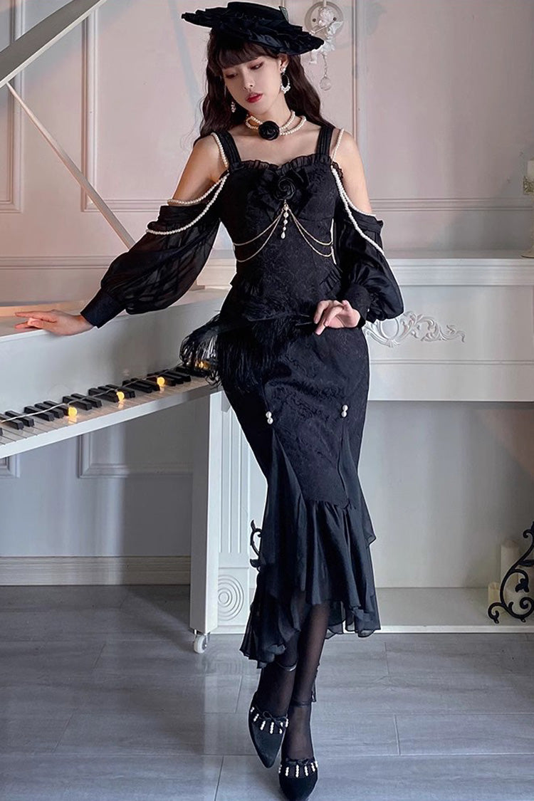 Black [Camellia 1.0] Sleeveless Jacquard Ruffle Lace Gothic Chinese Style Lolita Jsk Fishtail Dress