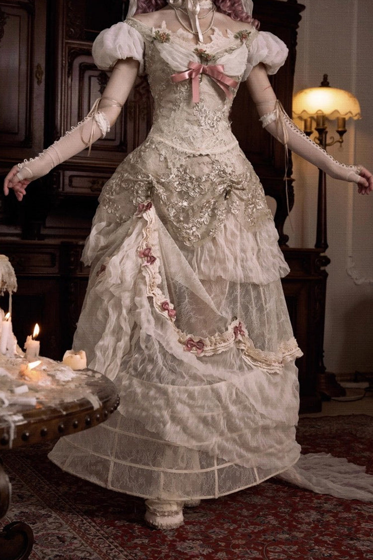 Light Brown [Cupid’s Poetry Box] Ruffle Embroidery Bowknot Lace Classic Elegant Lolita Long Skirt
