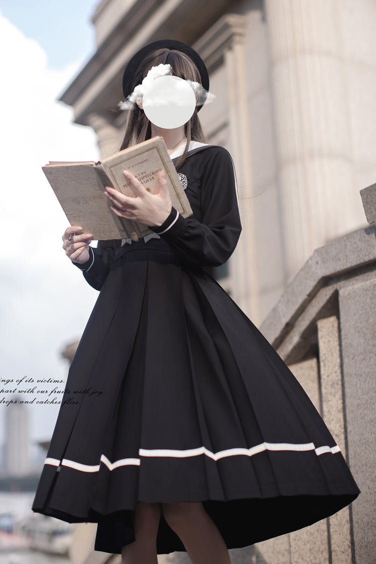 Black Navy Collar Long Sleeves Bowknot Sweet Japanese College Style Elegant Lolita Dress