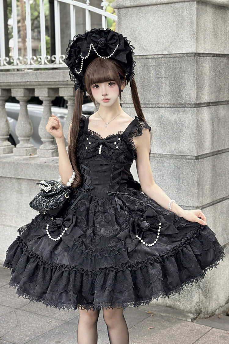 Black [Rose Princess] Sleeveless Ruffle Bowknot Lace Lace-Up Gothic Ballet Lolita Jsk Dress