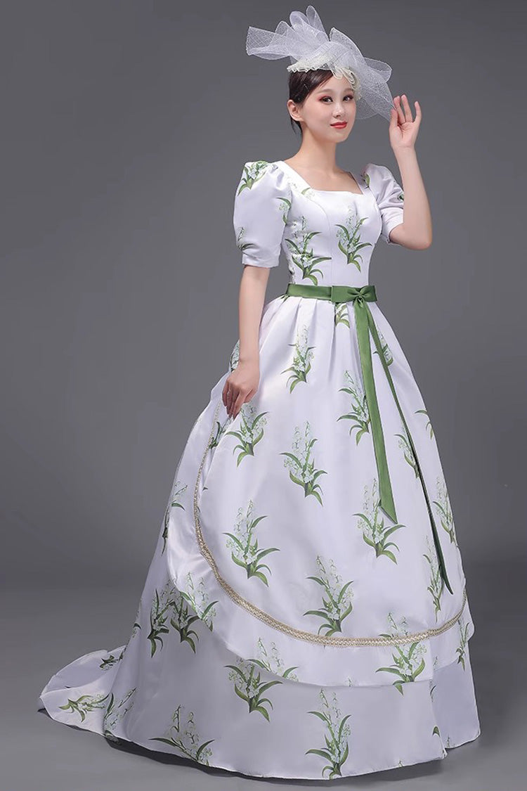 White/Green European Court Short Sleeves Flowers Grass Print Sweet Vintage Victorian Dress