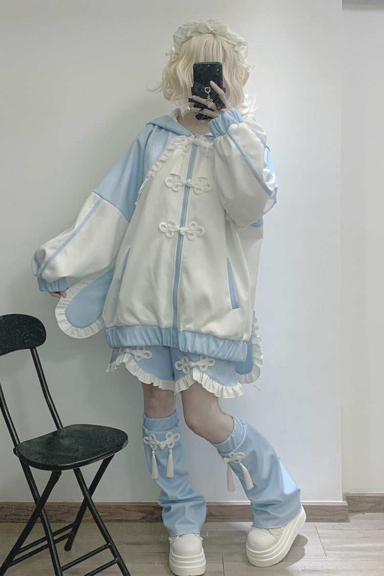 White/Blue Rabbit Ears Long Sleeves Ruffle Hooded Jirai Kei Japanese Coat